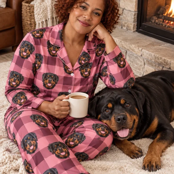 Woman in rottweiler mom pajamas with her Rottweiler — MyDogPics