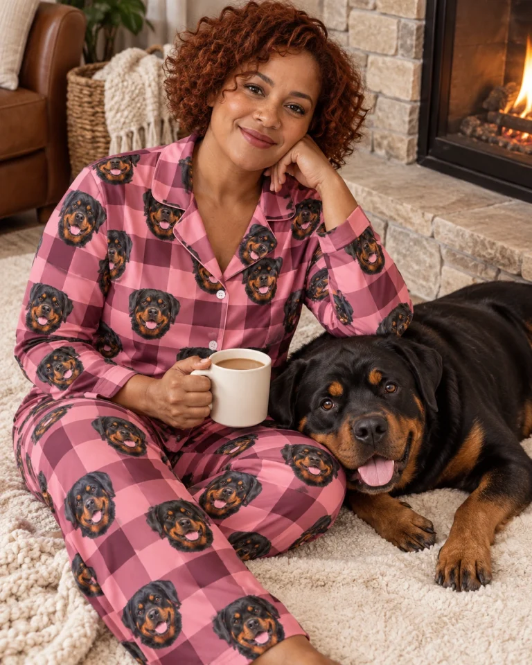 Woman in rottweiler mom pajamas with her Rottweiler — MyDogPics