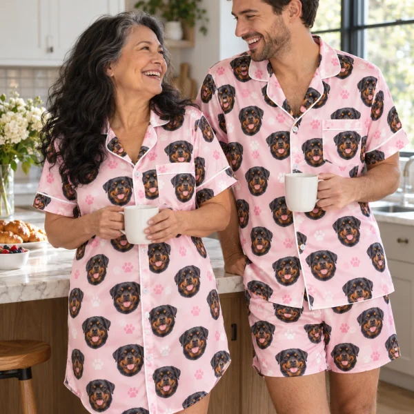 Woman and her partner in matching rottweiler nightgown with black-and-mahogany Rottweiler faces — MyDogPics