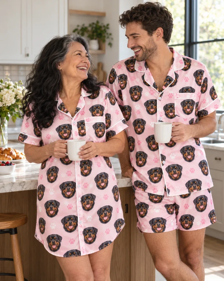 Woman and her partner in matching rottweiler nightgown with black-and-mahogany Rottweiler faces — MyDogPics