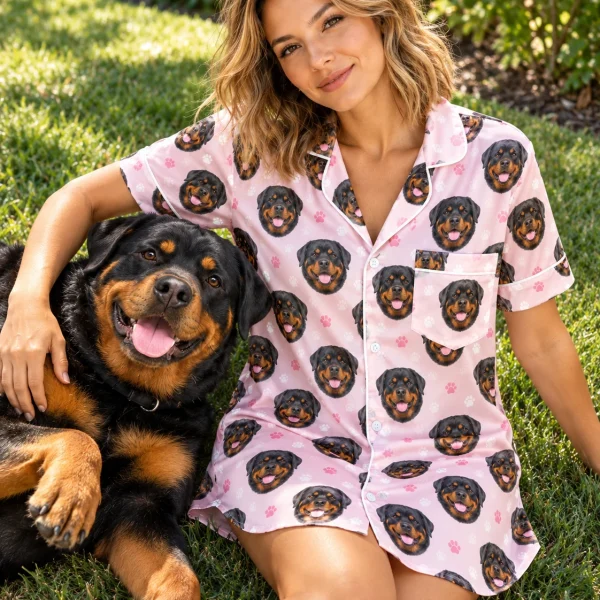 Woman in a rottweiler nightgown with her Rottweiler — MyDogPics