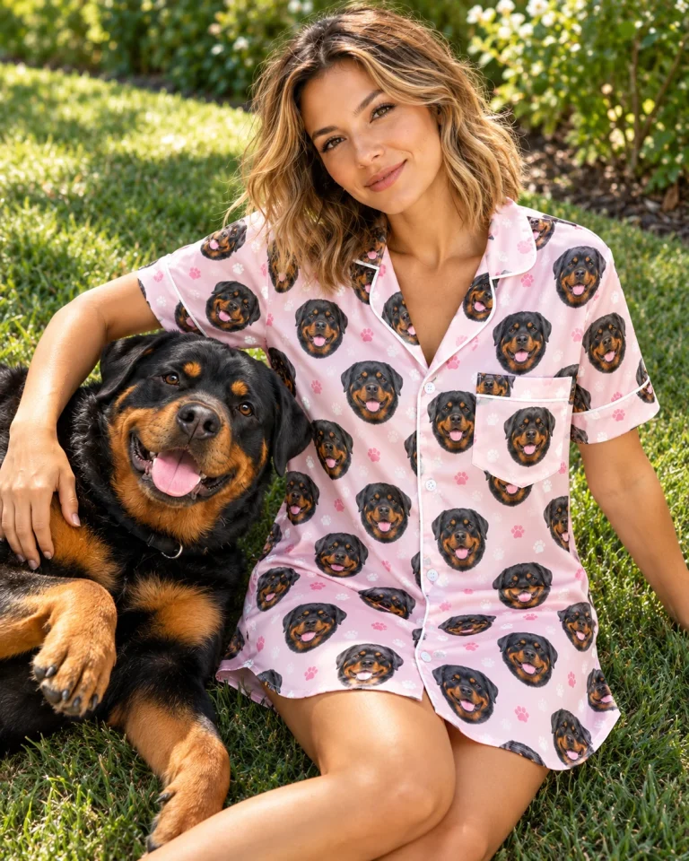 Woman in a rottweiler nightgown with her Rottweiler — MyDogPics