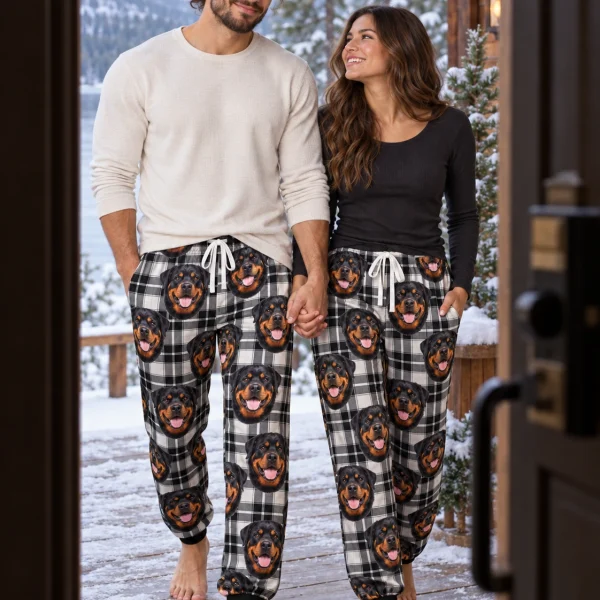 Man and his partner in matching rottweiler pajama pants with black-and-mahogany Rottweiler faces — MyDogPics