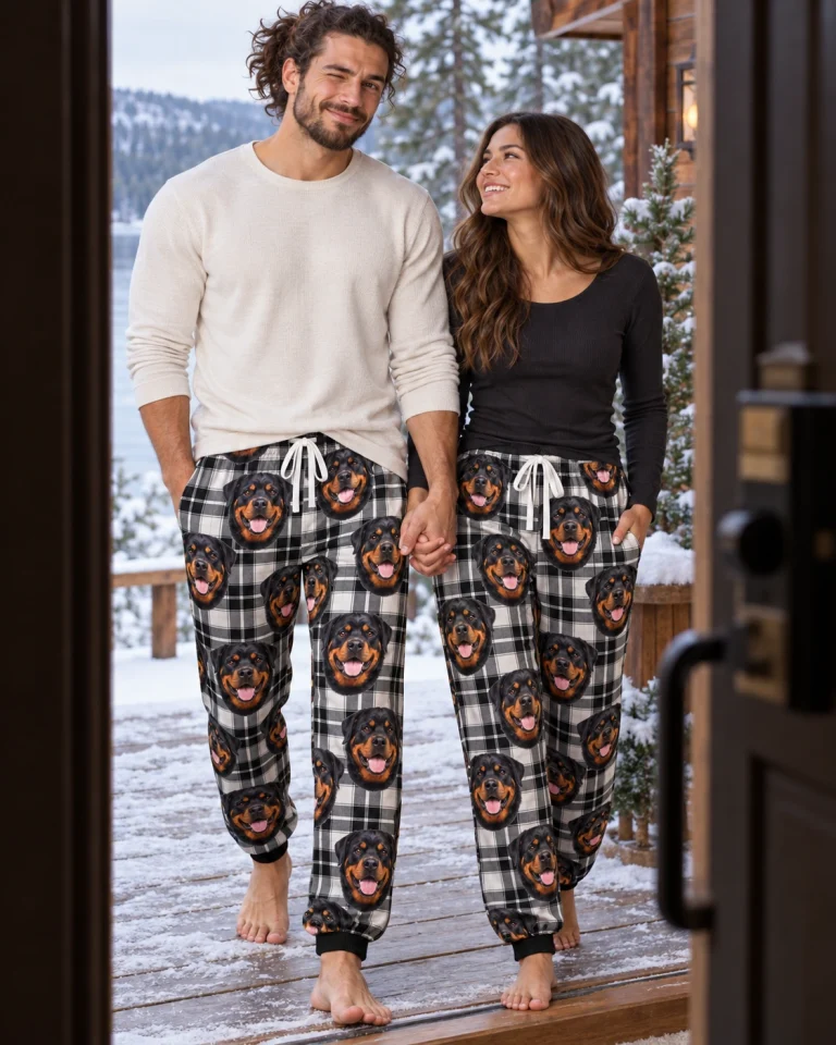 Man and his partner in matching rottweiler pajama pants with black-and-mahogany Rottweiler faces — MyDogPics
