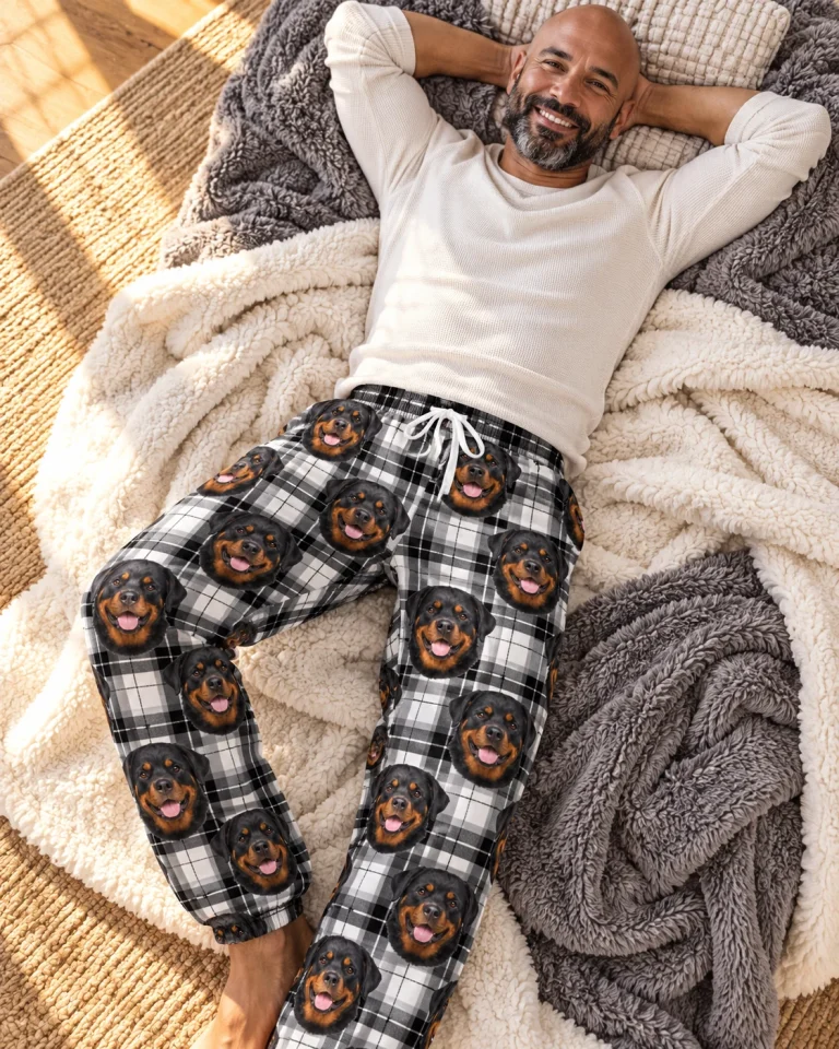 Man posing in rottweiler pajama pants, black-and-mahogany Rottweiler faces on white plaid fabric — MyDogPics
