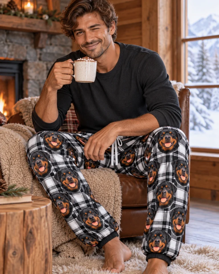 Man sitting in rottweiler pajama pants covered in black-and-mahogany Rottweiler faces — MyDogPics