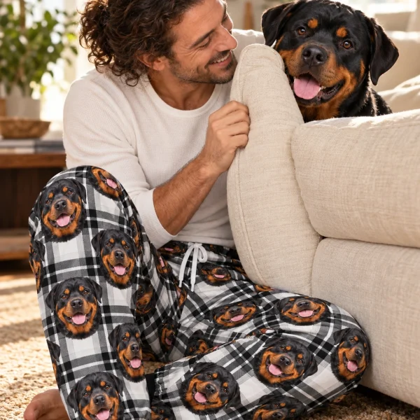 Man in rottweiler pajama pants with his Rottweiler — MyDogPics