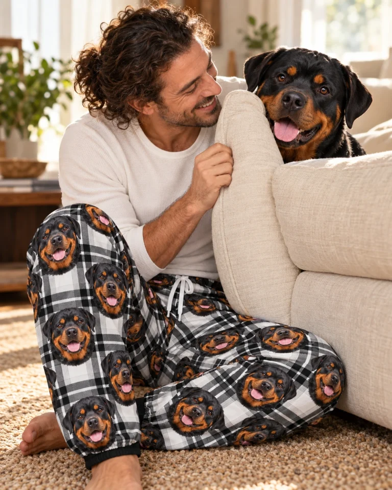 Man in rottweiler pajama pants with his Rottweiler — MyDogPics
