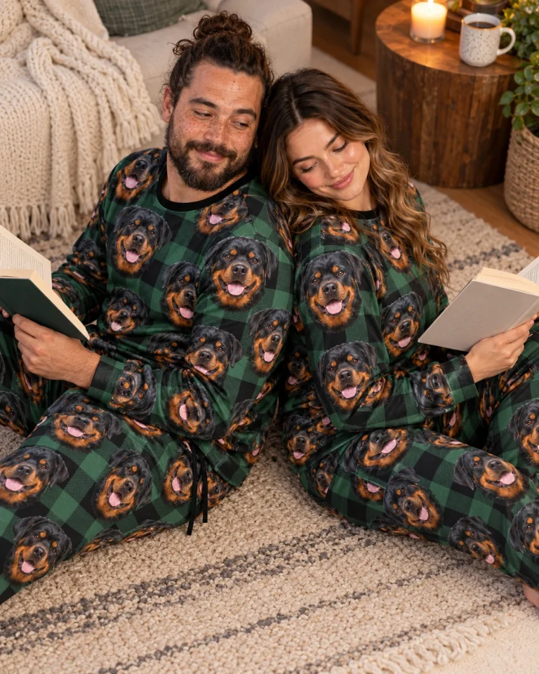 Man and his partner in matching rottweiler pajama set with black-and-mahogany Rottweiler faces — MyDogPics