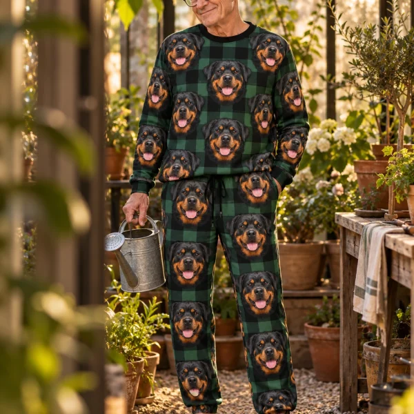 Man posing in a rottweiler pajama set, black-and-mahogany Rottweiler faces on green plaid fabric — MyDogPics