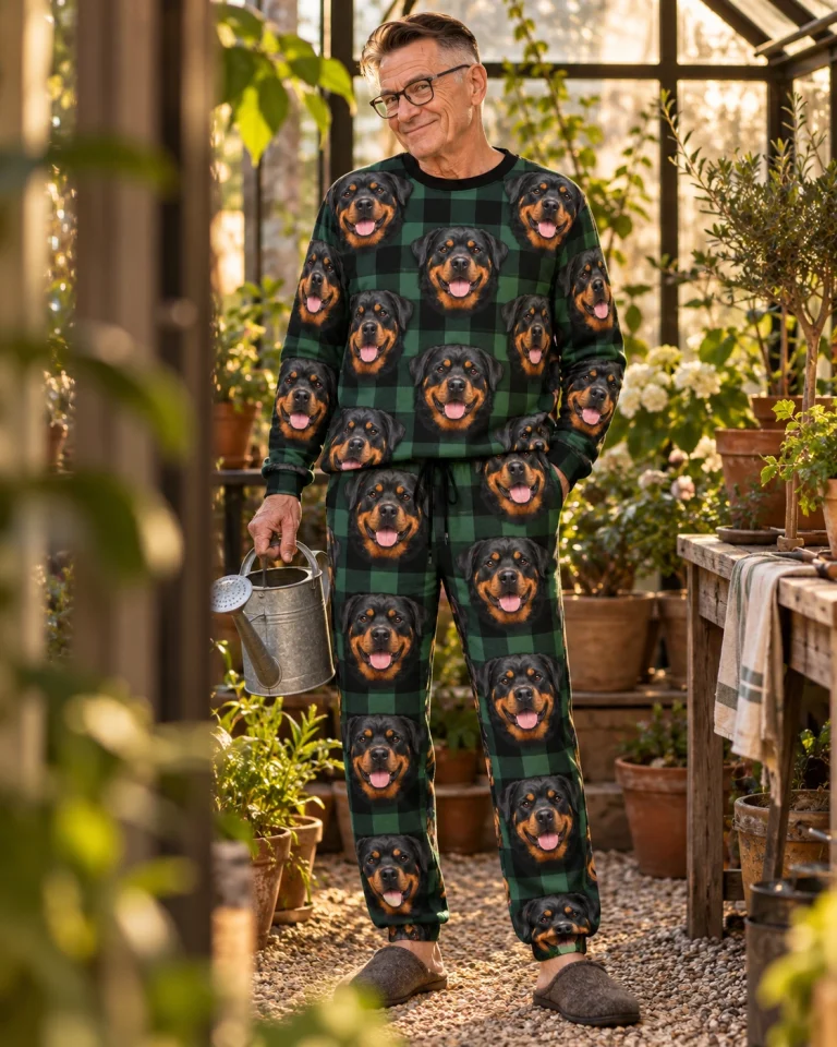 Man posing in a rottweiler pajama set, black-and-mahogany Rottweiler faces on green plaid fabric — MyDogPics