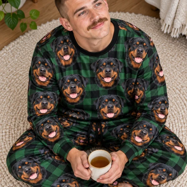Man sitting in a rottweiler pajama set covered in black-and-mahogany Rottweiler faces — MyDogPics