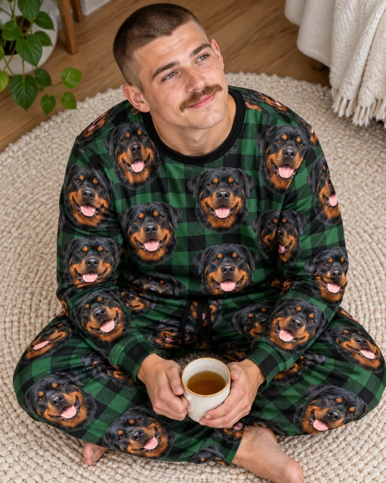 Man sitting in a rottweiler pajama set covered in black-and-mahogany Rottweiler faces — MyDogPics