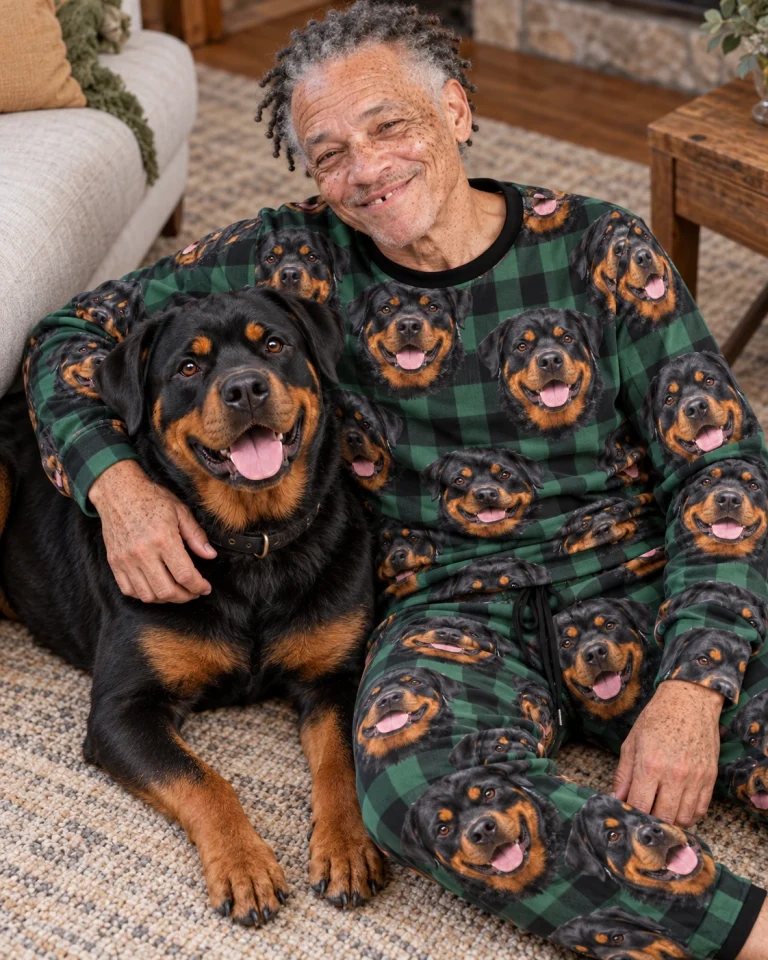 Man in a rottweiler pajama set with his Rottweiler — MyDogPics