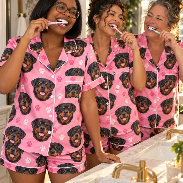 Woman and her friends in matching rottweiler pajama short set with black-and-mahogany Rottweiler faces — MyDogPics