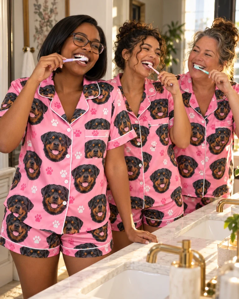Woman and her friends in matching rottweiler pajama short set with black-and-mahogany Rottweiler faces — MyDogPics