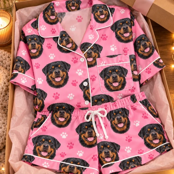 Flat lay of a rottweiler pajama short set: shirt and shorts covered in black-and-mahogany Rottweiler faces — MyDogPics