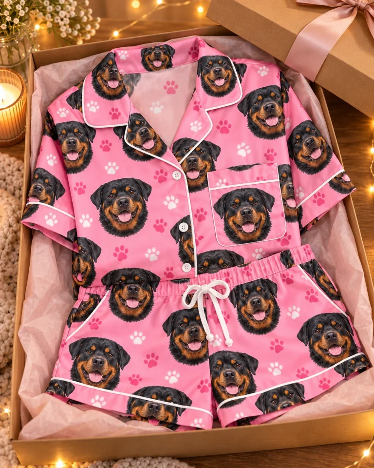 Flat lay of a rottweiler pajama short set: shirt and shorts covered in black-and-mahogany Rottweiler faces — MyDogPics