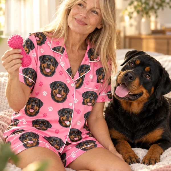 Woman in a rottweiler pajama short set with her Rottweiler — MyDogPics