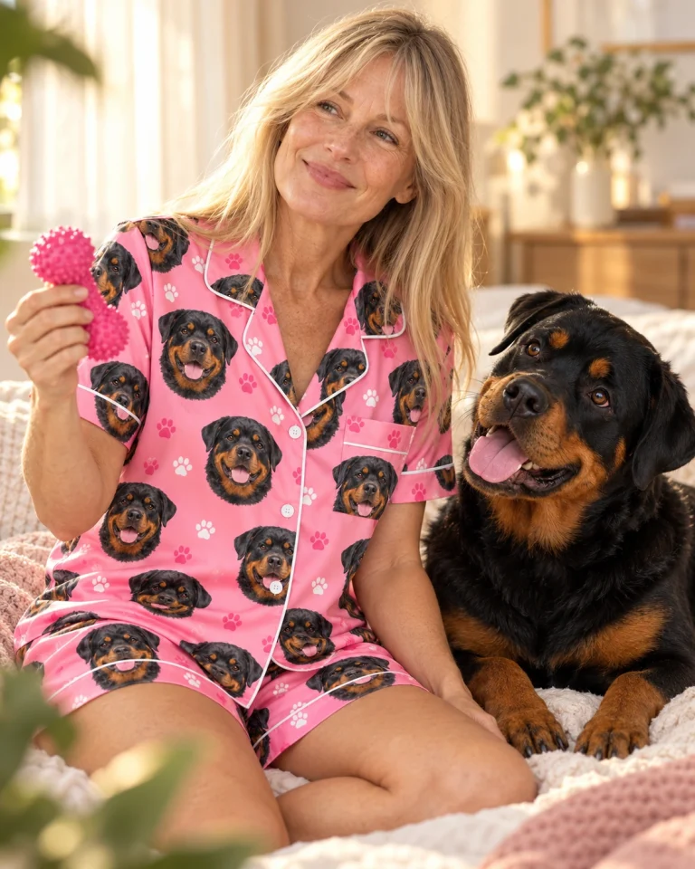 Woman in a rottweiler pajama short set with her Rottweiler — MyDogPics
