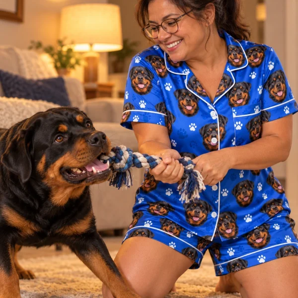 Woman in rottweiler pajama shorts with her Rottweiler — MyDogPics