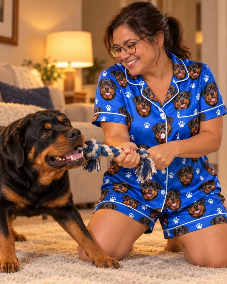 Woman in rottweiler pajama shorts with her Rottweiler — MyDogPics