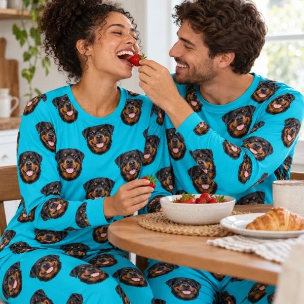 Woman and her partner in matching rottweiler pajamas for adults with black-and-mahogany Rottweiler faces — MyDogPics