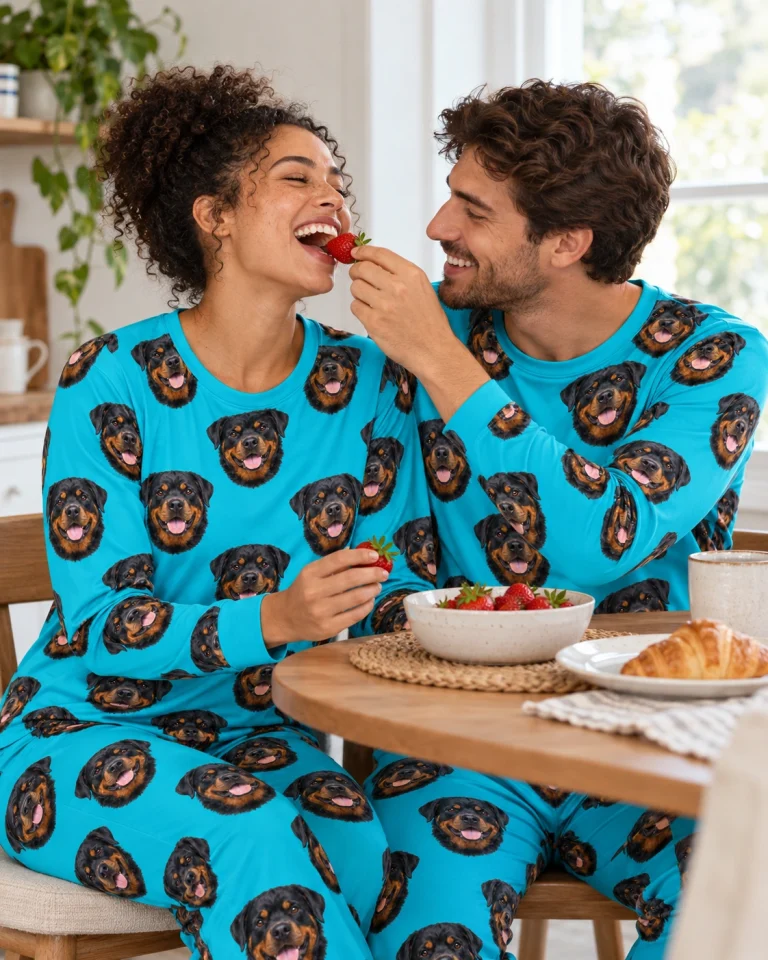 Woman and her partner in matching rottweiler pajamas for adults with black-and-mahogany Rottweiler faces — MyDogPics
