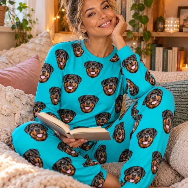 Woman sitting in a rottweiler pajamas for adults covered in black-and-mahogany Rottweiler faces — MyDogPics