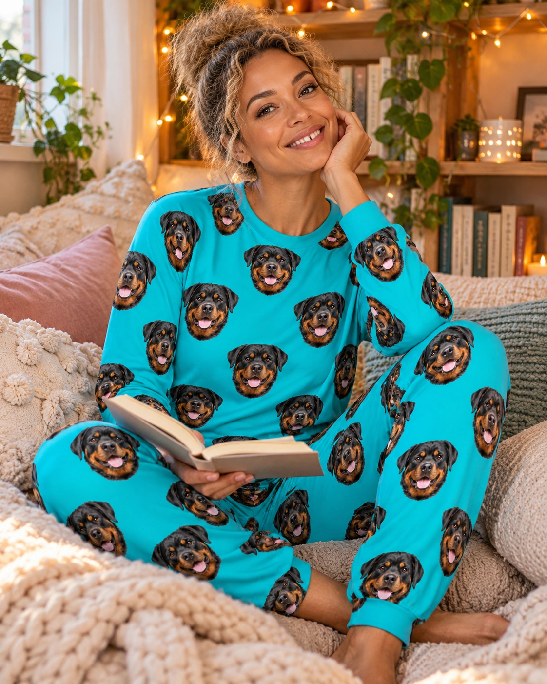 Rottweiler Pajamas for Adults – Sitting, Teal | MyDogPics Woman sitting in a rottweiler pajamas for adults covered in black-and-mahogany Rottweiler faces — MyDogPics