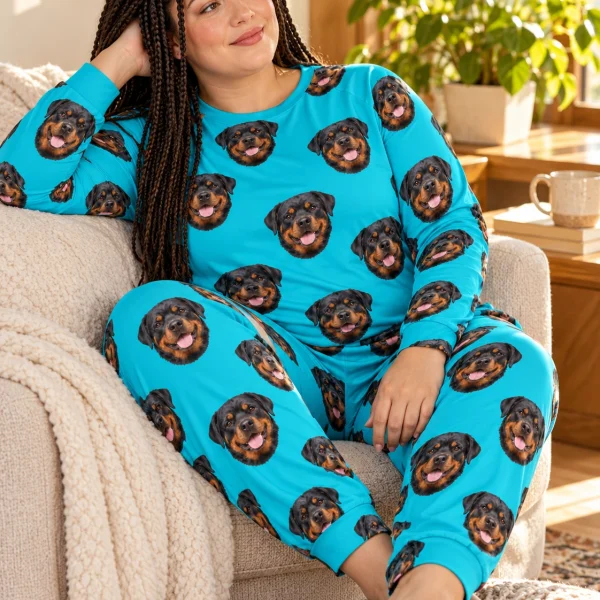 Woman sitting in a rottweiler pajamas for adults covered in black-and-mahogany Rottweiler faces — MyDogPics