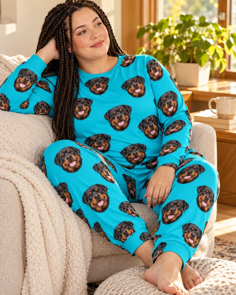 Woman sitting in a rottweiler pajamas for adults covered in black-and-mahogany Rottweiler faces — MyDogPics