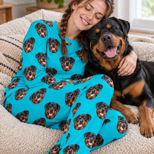 Woman in a rottweiler pajamas for adults with her Rottweiler — MyDogPics