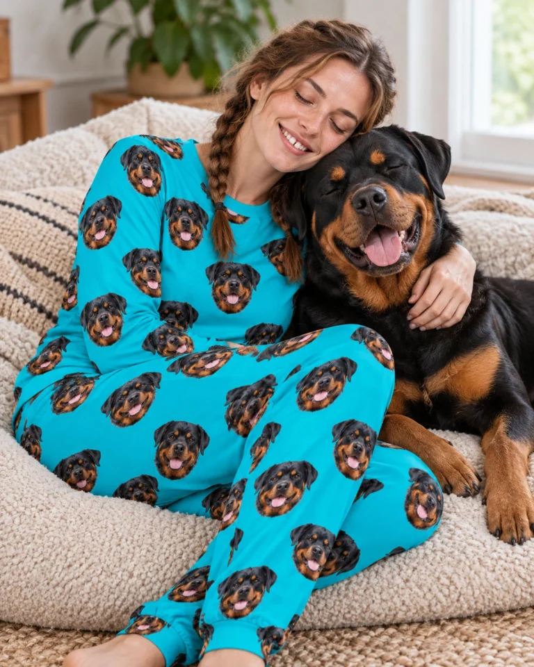 Woman in a rottweiler pajamas for adults with her Rottweiler — MyDogPics