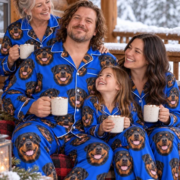 Man and his family in matching rottweiler pajamas for men with black-and-mahogany Rottweiler faces — MyDogPics