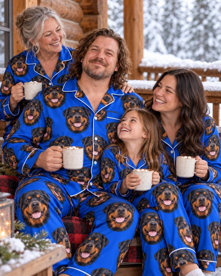 Man and his family in matching rottweiler pajamas for men with black-and-mahogany Rottweiler faces — MyDogPics