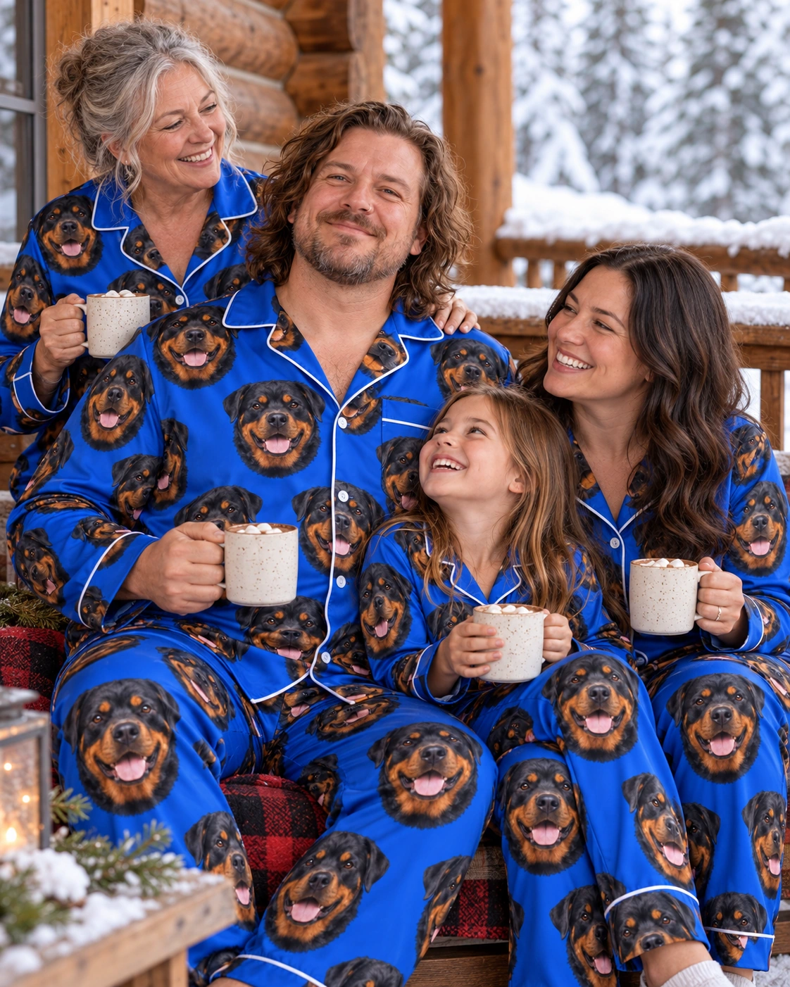 Rottweiler Pajamas for Men – Family, Royal Blue | MyDogPics Man and his family in matching rottweiler pajamas for men with black-and-mahogany Rottweiler faces — MyDogPics