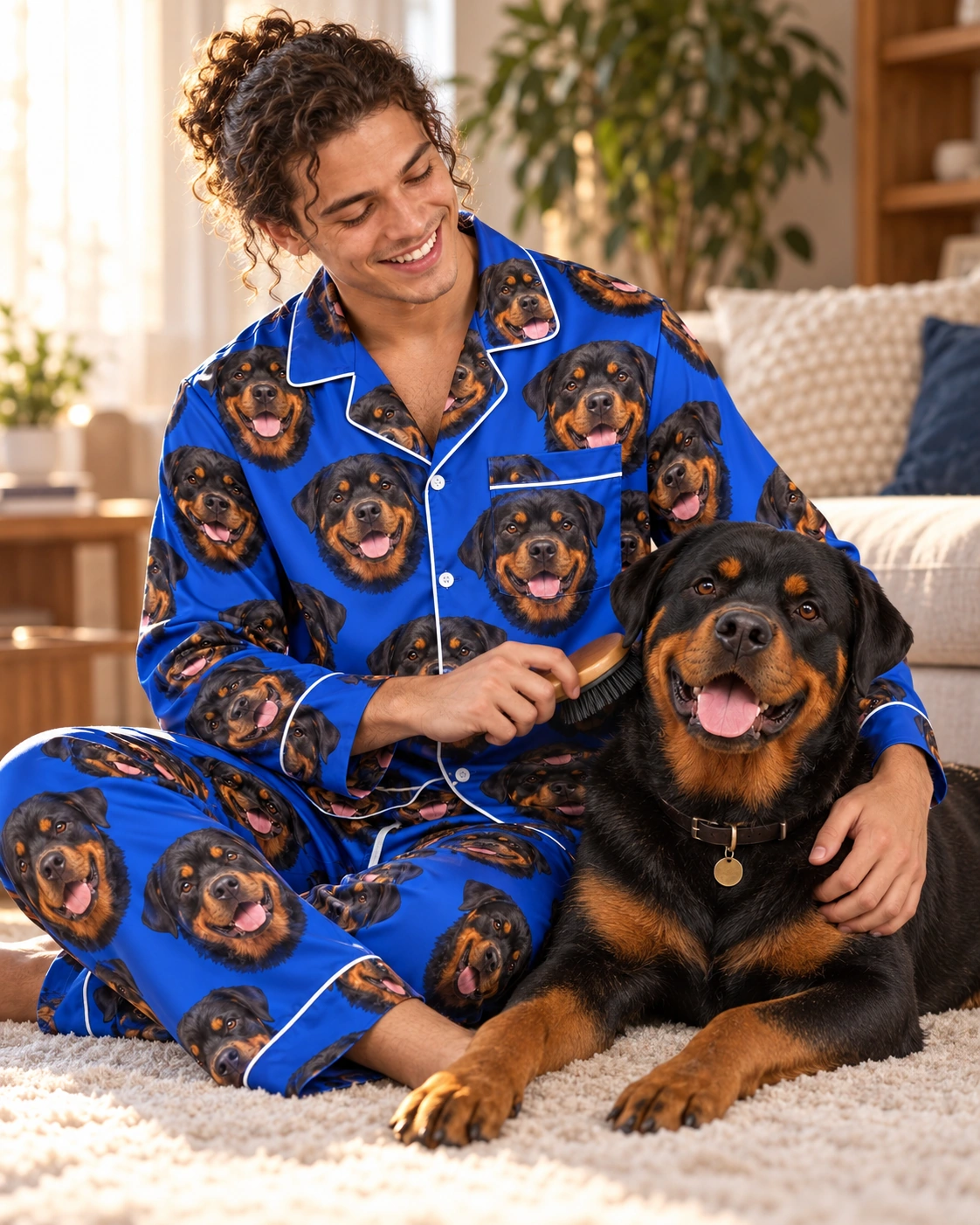 Rottweiler Pajamas for Men – With Dog, Royal Blue | MyDogPics Man in a rottweiler pajamas for men with his Rottweiler — MyDogPics