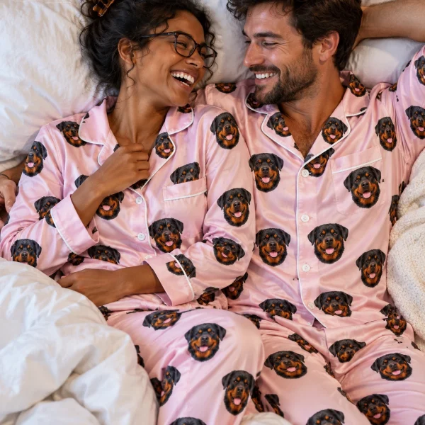 Woman and her partner in matching rottweiler pajamas for women with black-and-mahogany Rottweiler faces — MyDogPics