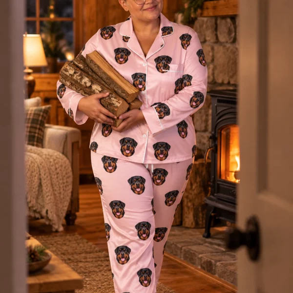 Woman posing in a rottweiler pajamas for women, black-and-mahogany Rottweiler faces on blush pink satin — MyDogPics