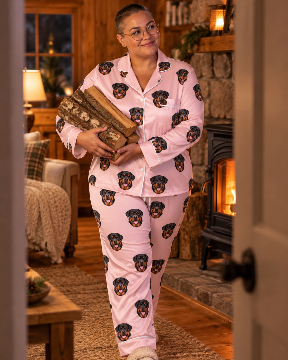Rottweiler Pajamas for Women – Pose, Blush Pink | MyDogPics Woman posing in a rottweiler pajamas for women, black-and-mahogany Rottweiler faces on blush pink satin — MyDogPics