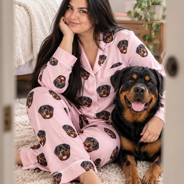 Woman in a rottweiler pajamas for women with her Rottweiler — MyDogPics