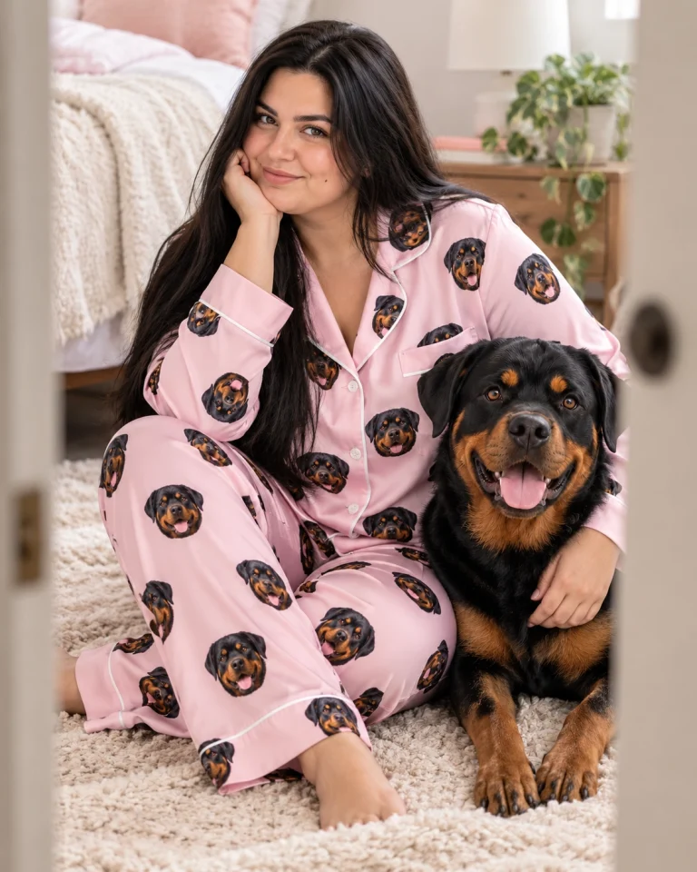Woman in a rottweiler pajamas for women with her Rottweiler — MyDogPics