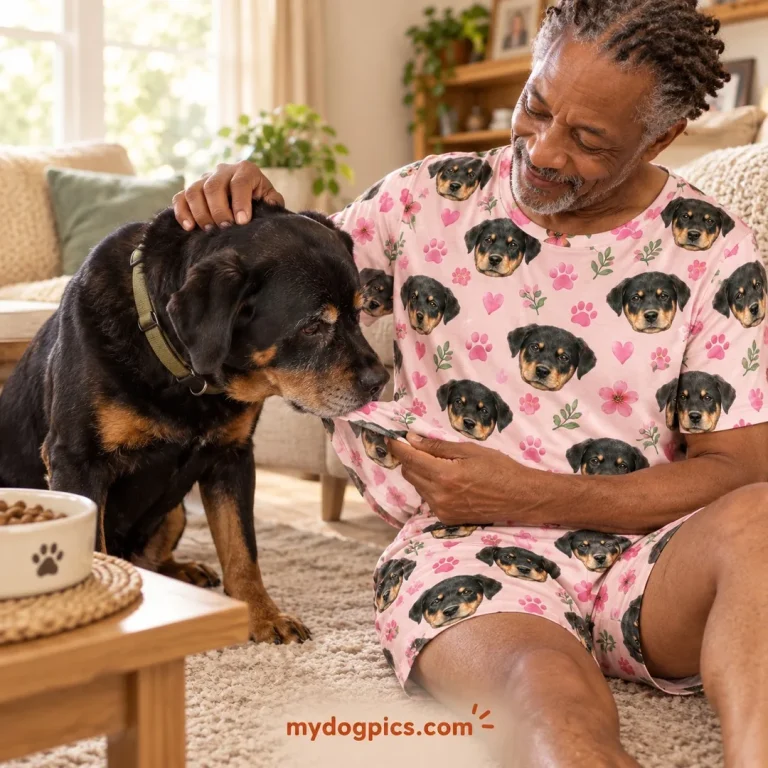 Man in rottweiler pajamas printed with his dog, petting his real Rottweiler beside him — MyDogPics