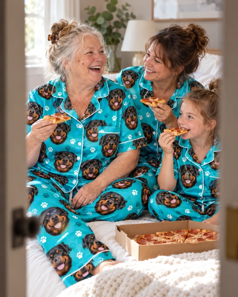 Woman and her family in matching rottweiler print pajamas with black-and-mahogany Rottweiler faces — MyDogPics