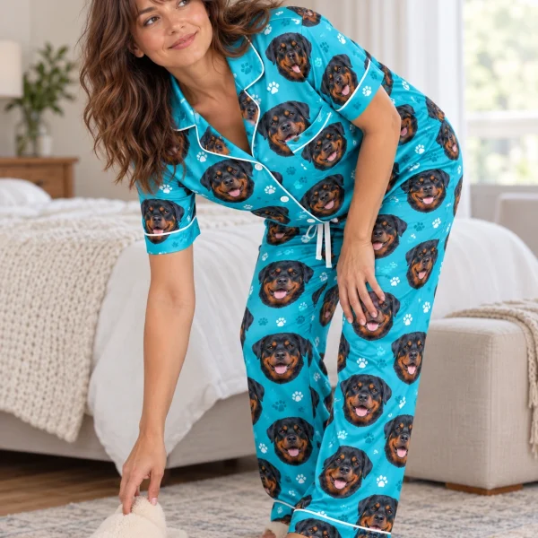Side view of rottweiler print pajamas with black-and-mahogany Rottweiler faces on teal paw-print satin — MyDogPics