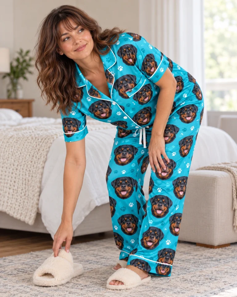 Side view of rottweiler print pajamas with black-and-mahogany Rottweiler faces on teal paw-print satin — MyDogPics