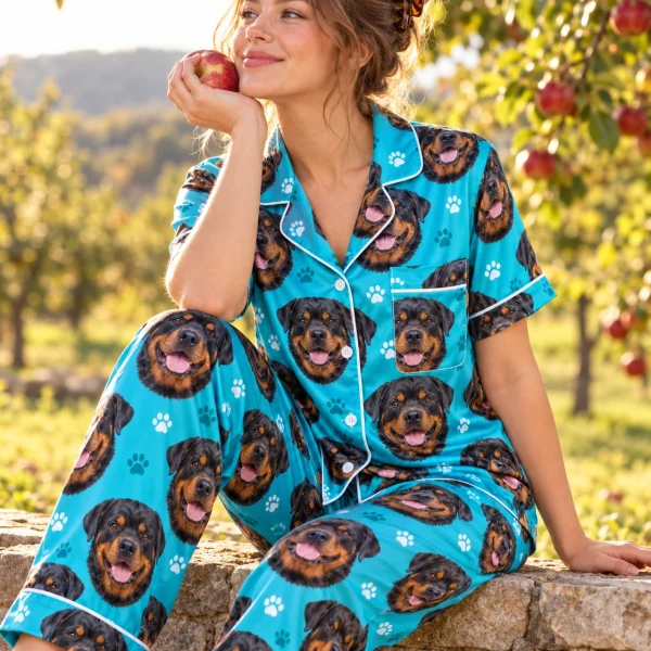 Woman sitting in rottweiler print pajamas covered in black-and-mahogany Rottweiler faces — MyDogPics