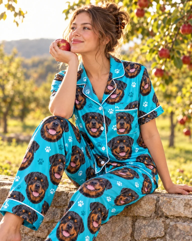 Woman sitting in rottweiler print pajamas covered in black-and-mahogany Rottweiler faces — MyDogPics