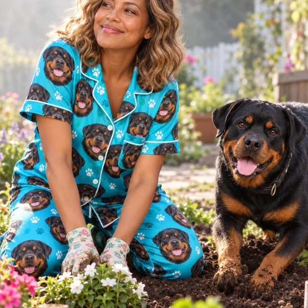 Woman in rottweiler print pajamas with her Rottweiler — MyDogPics